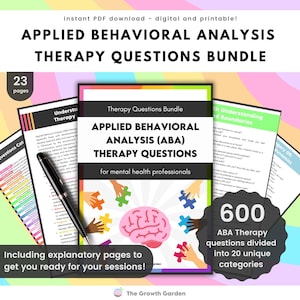 Puede incluir: Un rompecabezas de cerebro rosa con piezas de rompecabezas de colores que sostienen las manos. El texto "Applied Behavioral Analysis (ABA) Therapy Questions" está en la portada de un libro con un gráfico de cerebro rosa. El texto "600 preguntas de terapia ABA divididas en 20 categorías únicas" está en un rectángulo blanco.