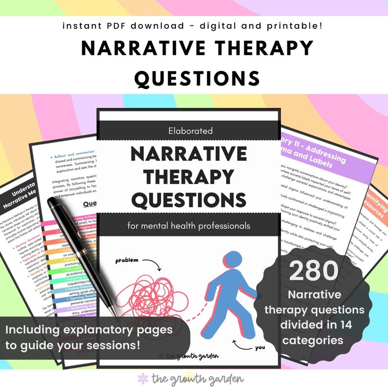 May include: A printable PDF download of 280 narrative therapy questions for mental health professionals. The questions are divided into 14 categories. The cover image features a blue stick figure walking away from a tangled red ball labeled "problem" toward a green circle labeled "growth garden".