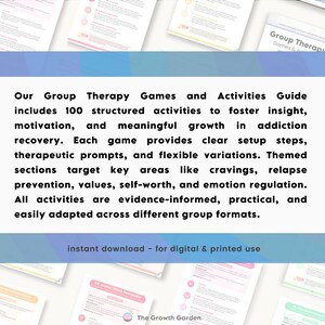 May include: A guide titled "Our Group Therapy Games and Activities" with text describing 100 structured activities for addiction recovery. The guide includes clear setup steps and therapeutic prompts. The phrase "instant download" is also visible.