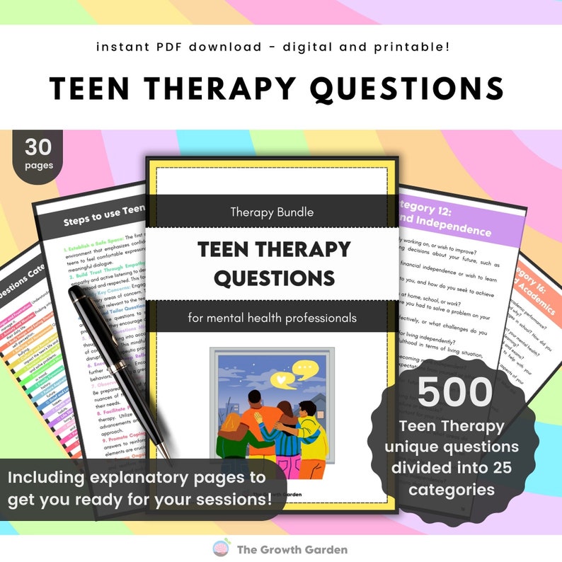 May include: A colorful digital download for teen therapy questions. The cover features a group of four teens standing together, with a window behind them showing a cityscape. The text on the cover reads "Teen Therapy Questions" and "500 Teen Therapy Unique Questions Divided into 25 Categories".