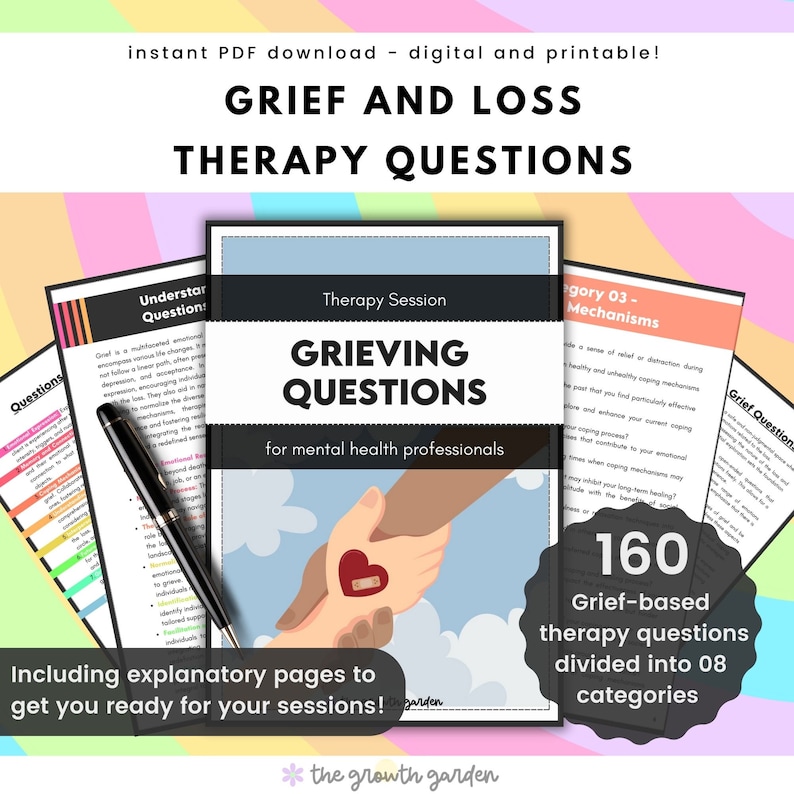 May include: A digital download of 160 grief-based therapy questions divided into 8 categories for mental health professionals. The cover features a colorful illustration of two hands holding a heart with a bandage. The text "Grieving Questions" is in a large, bold font.