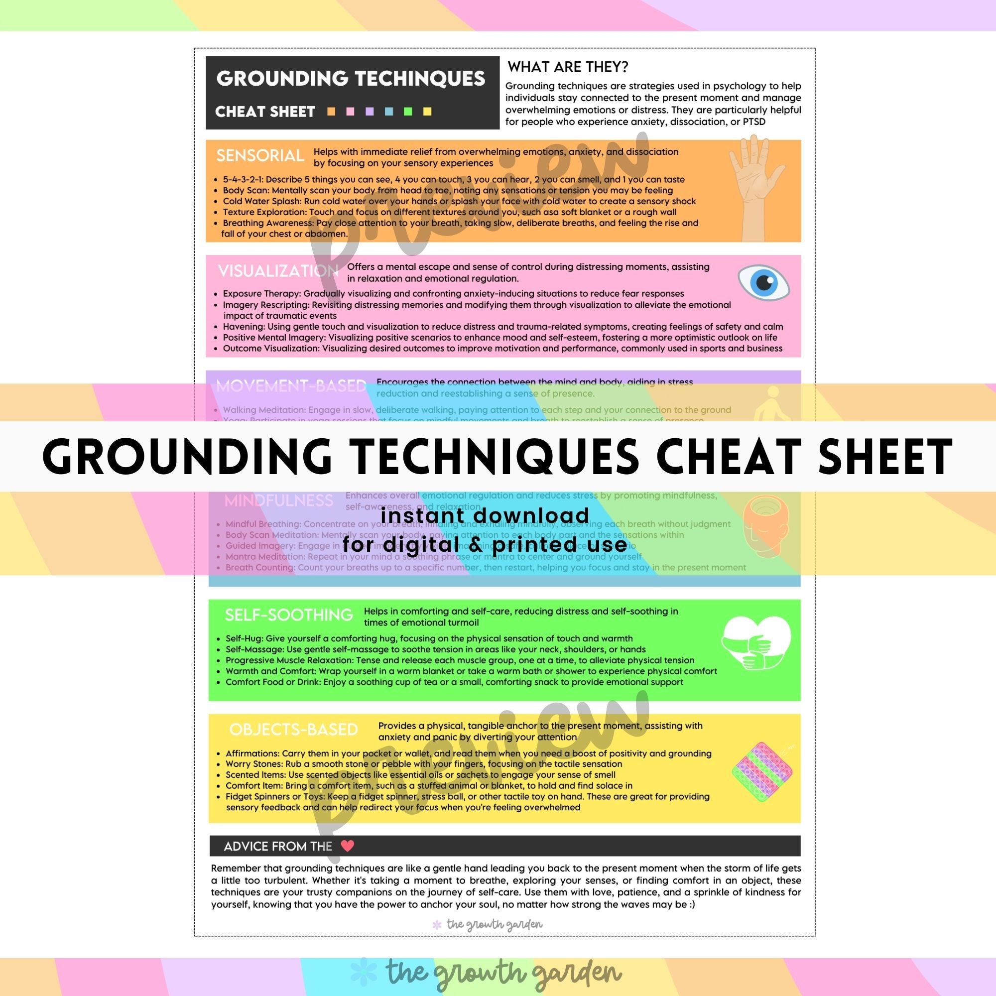 Grounding Techniques Cheat Sheet Coping Strategies for Anxiety, PTSD, Panic Disorder