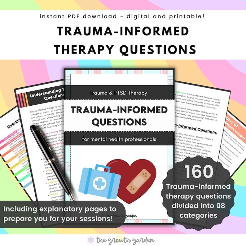 May include: A digital download of 160 trauma-informed therapy questions for mental health professionals. The questions are divided into 8 categories. The cover features a red heart with a bandage, a blue first aid kit, and the text "Trauma-Informed Questions".