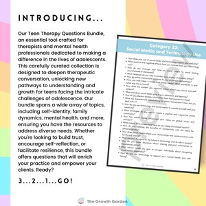 May include: A colorful page from a teen therapy questions bundle, with the title "Category 22: Social Media and Technology Use". The page features a list of questions about social media and technology use for teens.