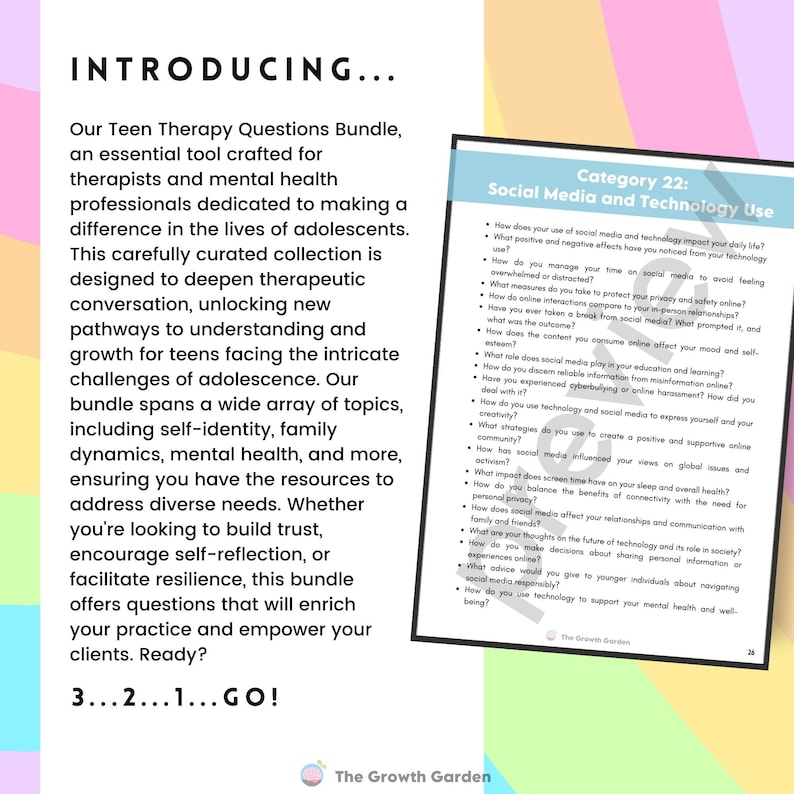 May include: A colorful page from a teen therapy questions bundle, with the title "Category 22: Social Media and Technology Use". The page features a list of questions about social media and technology use for teens.