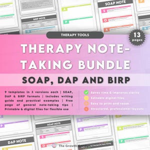 Op de afbeelding: Een digitale bundel voor het maken van therapienotities met SOAP-, DAP- en BIRP-formaten. De bundel bevat 9 sjablonen in 3 versies elk, schrijfgidsen en voorbeelden. Het ontwerp heeft een roze en paarse gradiënt achtergrond met de tekst "Therapy Note-Taking Bundle".