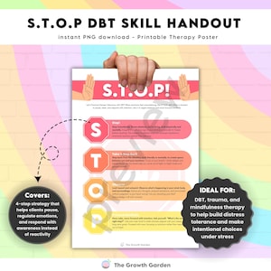 S.T.O.P. DBT Skill Handout | Distress Tolerance Printable | Therapy Poster for Emotion Regulation | Mental Health Counseling Tool