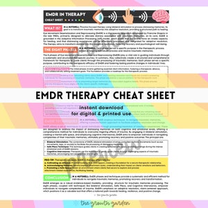 May include: A colorful cheat sheet with the title "EMDR Therapy Cheat Sheet" in bold, black text. The sheet provides a summary of Eye Movement Desensitization and Reprocessing (EMDR) therapy, including the eight phases of treatment and techniques used. The sheet also includes a "Pro-Tip" section with suggestions for therapists using EMDR.