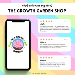 May include: A screenshot of a website for The Growth Garden Shop, featuring testimonials from customers. The testimonials are positive and highlight the quality and usefulness of the products. The website features a logo of a brain with leaves growing from it.