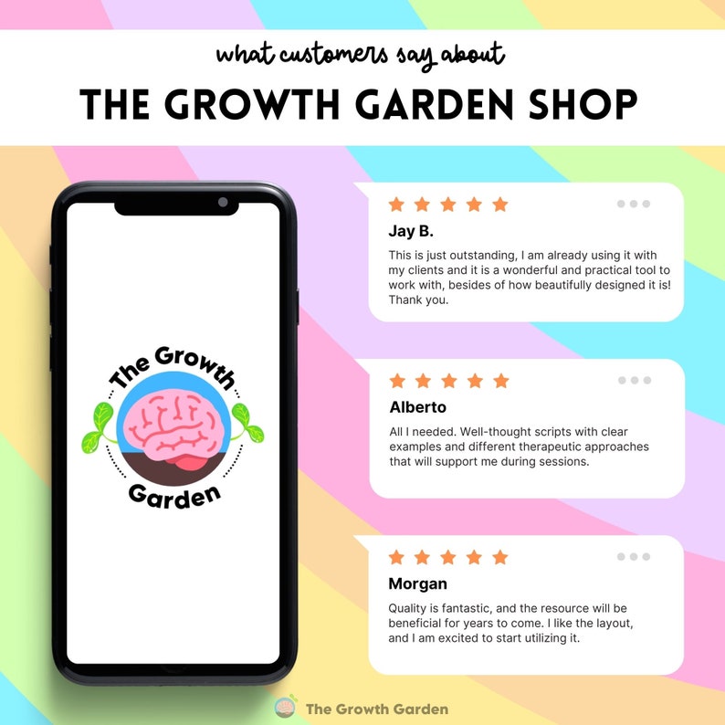 May include: A screenshot of a website for The Growth Garden Shop, featuring testimonials from customers. The testimonials are positive and highlight the quality and usefulness of the products. The website features a logo of a brain with leaves growing from it.
