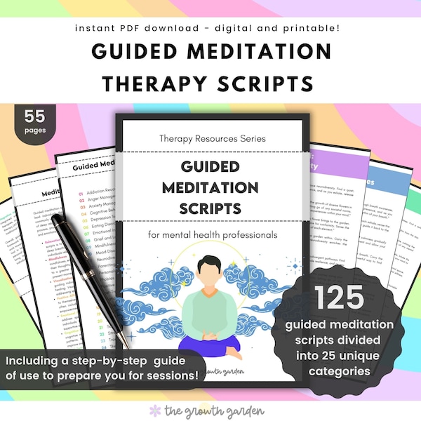 Guiones de meditación guiada para terapia: reducción del estrés, TCC, ansiedad, depresión, autoestima, límites, recuperación de traumas y mucho más.