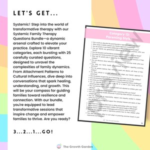May include: A pink and yellow page with the text "Let's Get..." and "Category 13: Parenting Styles" with a list of questions about parenting styles.