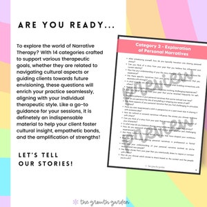 May include: A colorful worksheet with the text "Are You Ready..." and "Let's Tell Our Stories!"  The worksheet is titled "Category 2 - Exploration of Personal Narratives" and includes a list of questions about personal narratives.