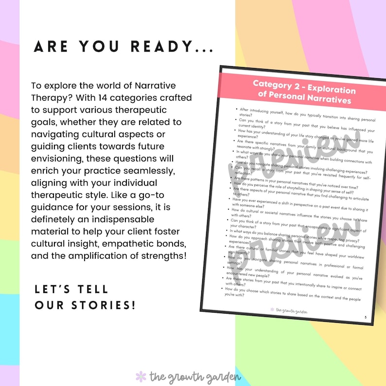 May include: A colorful worksheet with the text "Are You Ready..." and "Let's Tell Our Stories!"  The worksheet is titled "Category 2 - Exploration of Personal Narratives" and includes a list of questions about personal narratives.