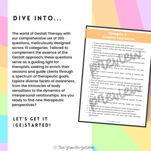 May include: A comprehensive set of 200 questions for Gestalt Therapy, designed across 10 categories. The image includes text about exploring awareness and therapeutic goals. A page titled "Category 4 - Creative Expression" is also visible.