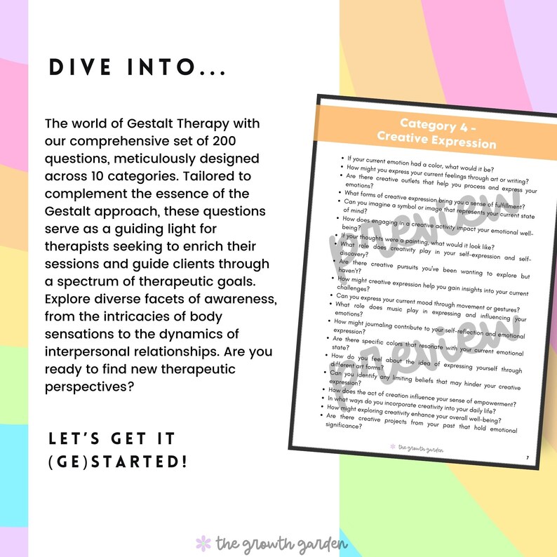 May include: A comprehensive set of 200 questions for Gestalt Therapy, designed across 10 categories. The image includes text about exploring awareness and therapeutic goals. A page titled "Category 4 - Creative Expression" is also visible.