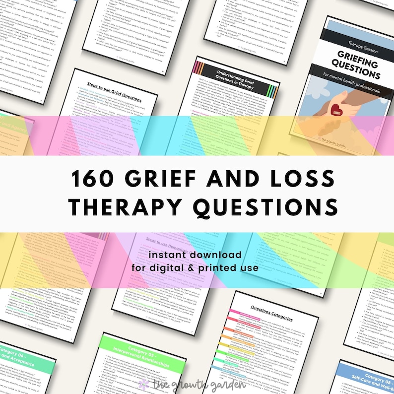 May include: A colorful digital download of 160 grief and loss therapy questions for mental health professionals. The download includes a variety of questions categorized by topic, such as acceptance, interpersonal relationships, and self-care. The text "instant download for digital & printed use" is displayed on the image.