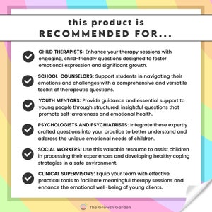 May include: A colorful graphic with the text "this product is RECOMMENDED FOR..." followed by a list of professionals including child therapists, school counselors, youth mentors, psychologists, social workers, and clinical supervisors.