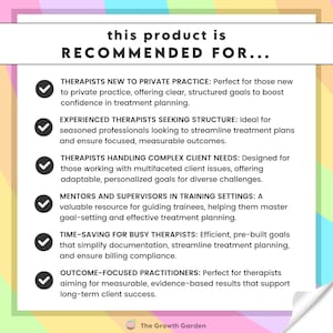 May include: A checklist with a green checkmark next to each item. The checklist is titled "This product is recommended for..." and lists the following: Therapists new to private practice, Experienced therapists seeking structure, Therapists handling complex client needs, Mentors and supervisors in training settings, Time-saving for busy therapists, Outcome-focused practitioners.