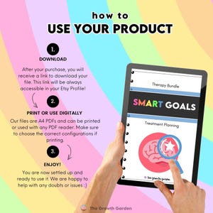May include: A digital download of a printable therapy bundle with the text "SMART GOALS" and "Treatment Planning" on a pink and blue background. The bundle is designed to help people set and achieve their goals.