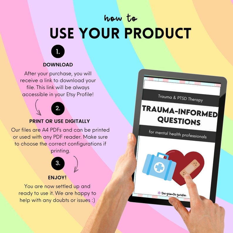 May include: A digital download of trauma-informed questions for mental health professionals. The cover features a red heart with a bandage and a first aid kit. The text on the cover reads "Trauma & PTSD Therapy" and "Trauma-Informed Questions".