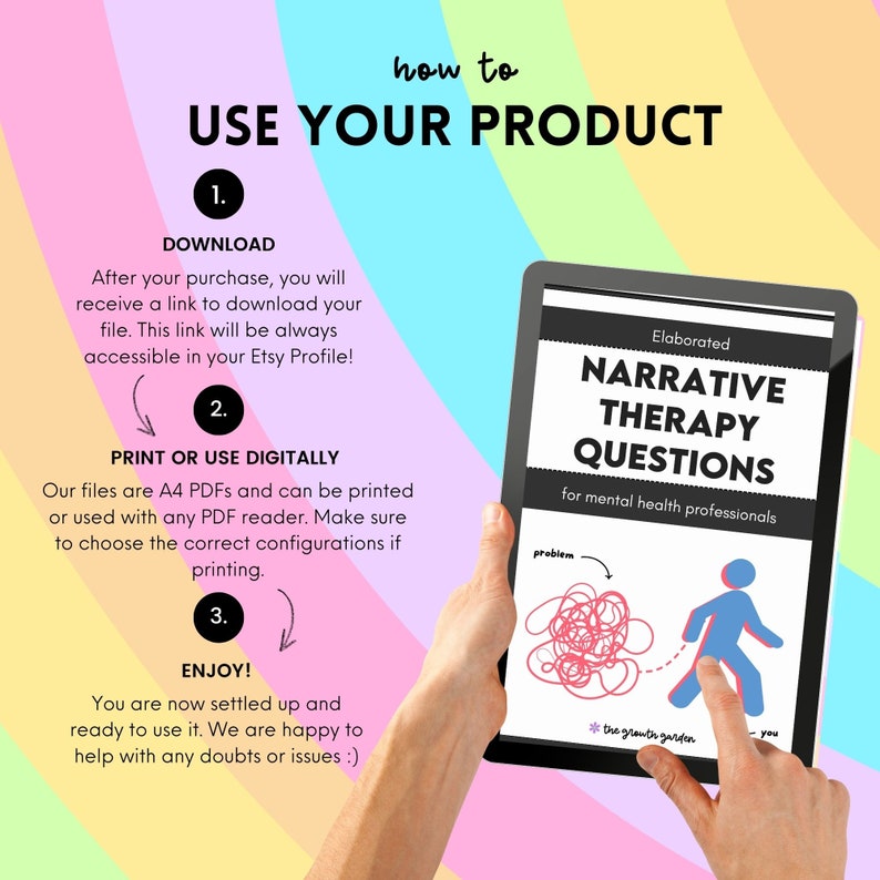 May include: A digital download of a printable PDF guide for narrative therapy questions for mental health professionals. The guide features a black and white illustration of a person walking away from a tangled ball of yarn labeled "problem" and towards a flower labeled "the growth garden".