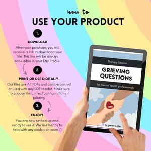 May include: A digital download of a therapy session guide titled "Grieving Questions" for mental health professionals. The guide features a black and white illustration of two hands holding each other, one hand has a bandage on it. The guide is on a tablet computer.