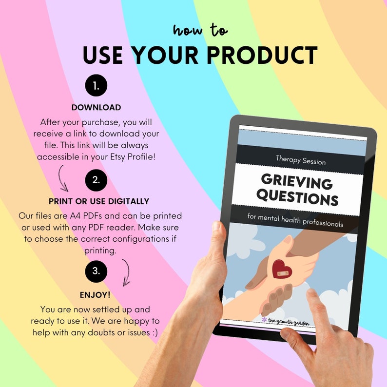 May include: A digital download of a therapy session guide titled "Grieving Questions" for mental health professionals. The guide features a black and white illustration of two hands holding each other, one hand has a bandage on it. The guide is on a tablet computer.
