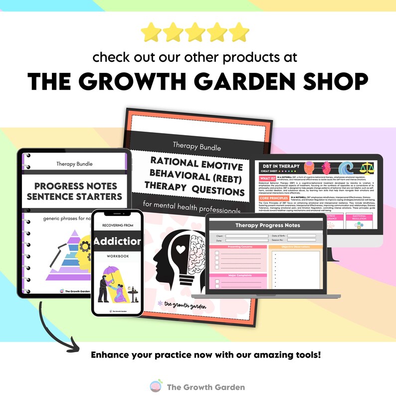 May include: A promotional image for The Growth Garden Shop, showcasing digital therapy resources. The image includes a tablet, phone, laptop, and computer screen displaying therapy bundles, progress notes, and workbooks. Text includes "Rational Emotive Behavioral Therapy Questions".