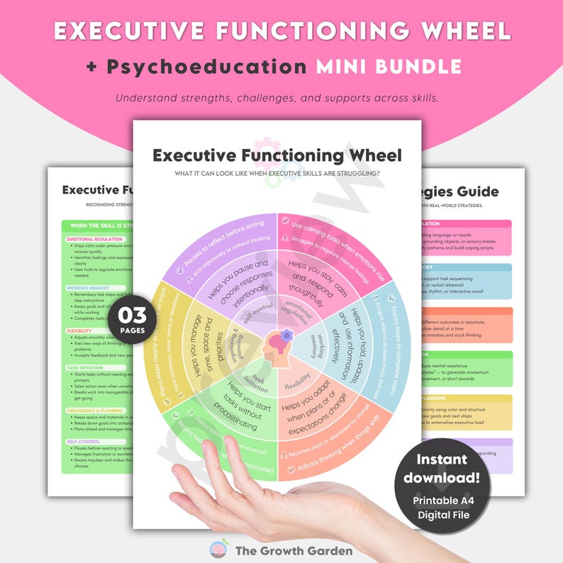 May include: A set of printable educational resources. The main item is a colourful wheel diagram labelled "Executive Functioning Wheel," with supporting guides. The wheel is divided into sections with text. The bundle includes a "Printable A4 Digital File."