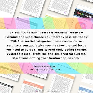 May include: A colorful digital download for therapy treatment planning. The image features a pink, yellow, and blue background with the text "Unlock 400+ SMART Goals for Powerful Treatment Planning and supercharge your therapy sessions today!" and "instant download for digital & printed use".