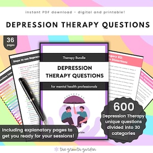 May include: A digital download of 600 depression therapy questions divided into 30 categories for mental health professionals. The cover features an illustration of two people sitting under an umbrella, with the text "Depression Therapy Questions" and "Therapy Bundle".