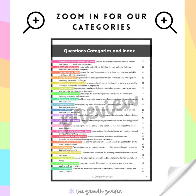 May include: A colorful chart with the title "Questions Categories and Index" lists various categories related to mental health and well-being, including autonomic nervous system regulation, cognitive distortions, communication skills, coping strategies, cultural and identity factors, daily activities, emotional self-awareness, existential concerns, financial stress, future goals, hobbies and interests, negative emotions, medication and treatment history, mindfulness and acceptance, neurobiological factors, past traumas, personal achievements, physical health, positive affirmations, relationships, and support systems.