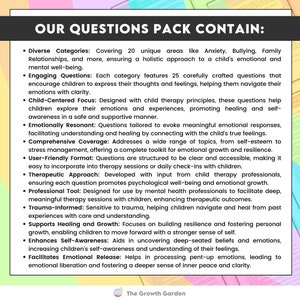 May include: A white and green informational graphic with the text "OUR QUESTIONS PACK CONTAIN:" and bullet points describing the pack's features, including diverse categories, engaging questions, and a child-centered focus. The Growth Garden logo is at the bottom.