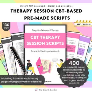 May include: A digital download of 130 pages of CBT therapy session scripts for mental health professionals. The cover features a pink, blue, and yellow background with a cartoon illustration of two people in a therapy session. The text on the cover reads "CBT Therapy Session Scripts" and "400 pre-made CBT therapy scripts divided into 40 unique categories, containing steps with interventions, techniques and suggestions for treatment!"