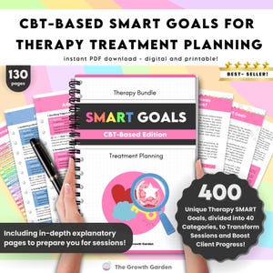 Puede incluir: Una portada de producto digital que presenta un cuaderno de espiral con el título "SMART GOALS CBT-Based Edition". El cuaderno está abierto en una página con una ilustración rosa y roja de un corazón, un cerebro y una llave. La portada también incluye el texto "Therapy Bundle" y "Treatment Planning". La imagen también incluye un cuadro de texto con las palabras "400 Objetivos SMART de terapia únicos, divididos en 40 categorías, para transformar las sesiones y aumentar el progreso del cliente!"