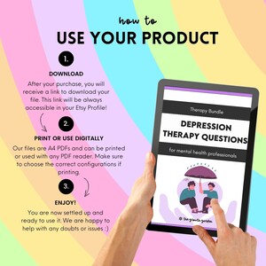 May include: A digital download of a therapy bundle for mental health professionals. The cover features a purple umbrella over two people sitting on a heart-shaped cloud. The text on the cover reads "Therapy Bundle Depression Therapy Questions for mental health professionals * the growth garden".