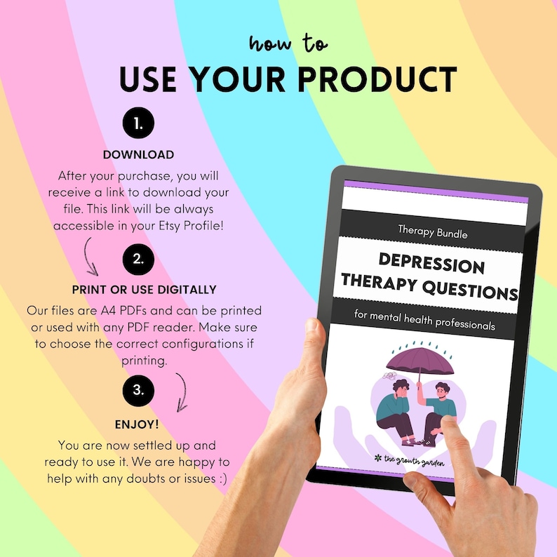 May include: A digital download of a therapy bundle for mental health professionals. The cover features a purple umbrella over two people sitting on a heart-shaped cloud. The text on the cover reads "Therapy Bundle Depression Therapy Questions for mental health professionals * the growth garden".