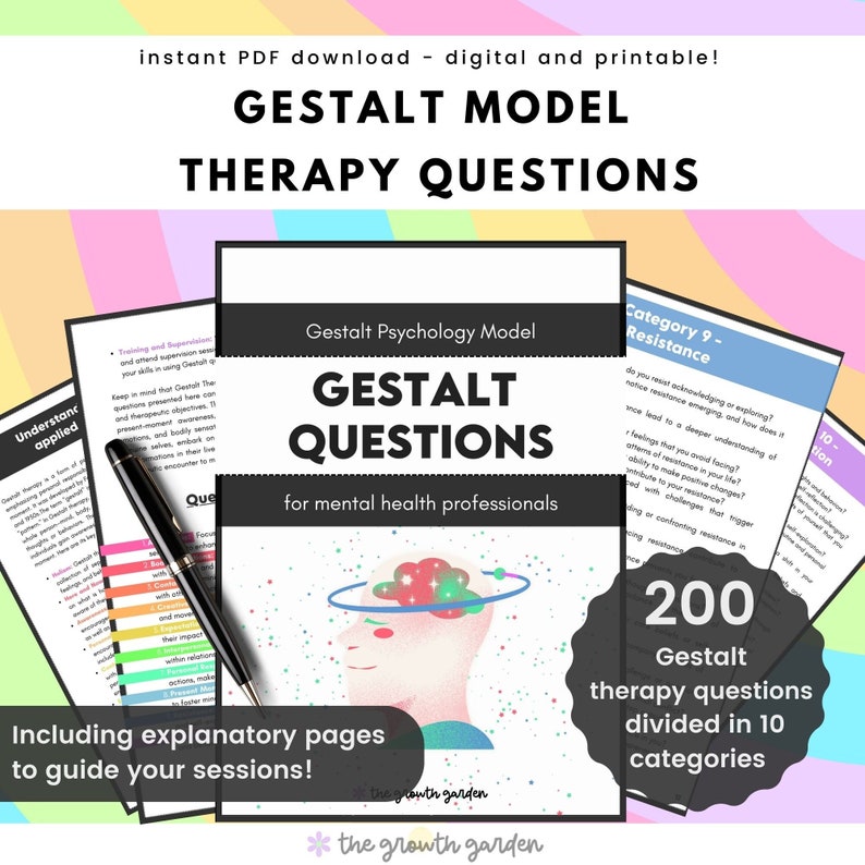May include: A digital download titled "GESTALT MODEL THERAPY QUESTIONS" for mental health professionals. The image includes explanatory pages, a pen, and a graphic of a head with a brain. It contains 200 therapy questions divided into 10 categories.