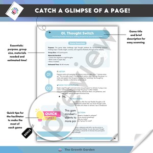May include: A white instructional page titled 01. Thought Switch, featuring sections for Game Essentials, Setup, How to Facilitate, Variations, and Reflection. A circular overlay highlights a Quick Tips section with a yellow lightbulb icon.