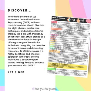 May include: A colorful infographic titled "EMDR in Therapy Cheat Sheet" with a pink, yellow, and blue background. The infographic explains the eight phases of Eye Movement Desensitization and Reprocessing (EMDR) therapy, a technique used to help individuals process traumatic memories.