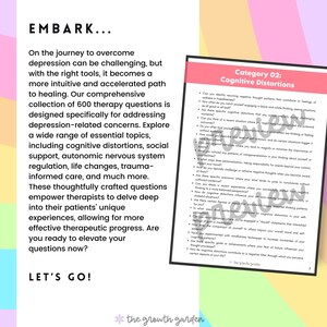 May include: A pink, yellow, and blue background with a white text box that reads "EMBARK..." and "LET'S GO!"  The text box is next to a white page with the title "Category 02: Cognitive Distortions" and a list of questions about cognitive distortions.