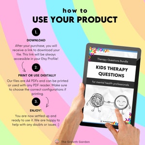May include: A tablet displays "KIDS THERAPY QUESTIONS" for mental health professionals. The image includes instructions: download, print or use digitally, and enjoy. The background is a rainbow gradient.