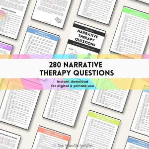 May include: A collection of colorful pages with the text "280 Narrative Therapy Questions" and "instant download for digital & printed use". The pages contain lists of questions categorized by topic, such as "Identifying Strengths and Resources", "Situational Analysis", and "Examining Beliefs and Values".