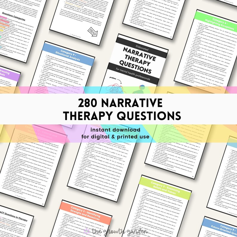 May include: A collection of colorful pages with the text "280 Narrative Therapy Questions" and "instant download for digital & printed use". The pages contain lists of questions categorized by topic, such as "Identifying Strengths and Resources", "Situational Analysis", and "Examining Beliefs and Values".