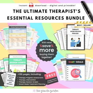 Può includere: Un pacchetto di risorse digitali per terapisti, tra cui Valutazione dei progressi della terapia, Frasi di intervento e Script di sessione. Il pacchetto include oltre 150 pagine e un modulo di valutazione gratuito. Il testo recita "THE ULTIMATE THERAPIST'S ESSENTIAL RESOURCES BUNDLE".
