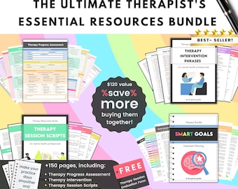Therapy Worksheets Mega Bundle - Progress Notes, Session Scripts, SMART Goals, Therapy Interventions