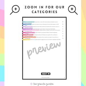 May include: A colorful chart with the title "Zoom in for our categories". The chart lists different categories related to mental health, such as self-care, self-esteem, sleep patterns, social support, spirituality and meaning in life, stress management, thought patterns, trauma-informed care, and triggers. Each category is assigned a number.