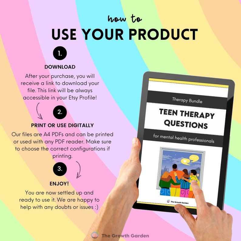 May include: A digital download of a teen therapy questions bundle for mental health professionals. The cover features a group of teenagers standing together with speech bubbles above their heads. The text on the cover reads "Therapy Bundle" and "Teen Therapy Questions" in a black font on a white background. The text "for mental health professionals" is in a smaller font below the title.