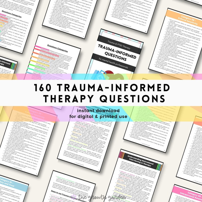 May include: A collage of colourful pages with text about trauma-informed therapy questions. The text "160 Trauma-Informed Therapy Questions" is in a large, bold font at the top of the image. The text "instant download for digital & printed use" is below the title.